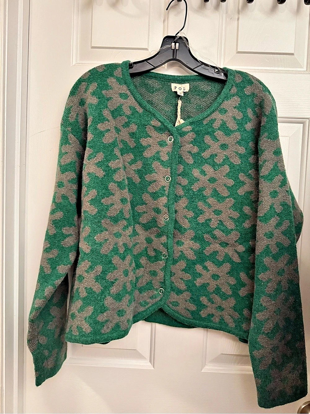 POL Open-Knit Floral Button Cardigan Green & Gray